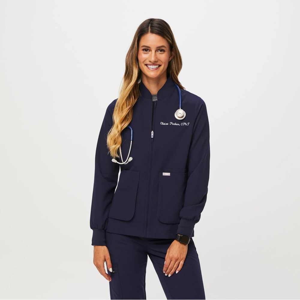 Figs Scrub Navy Utility Jacket with Stand-up Collar and Full Zipper